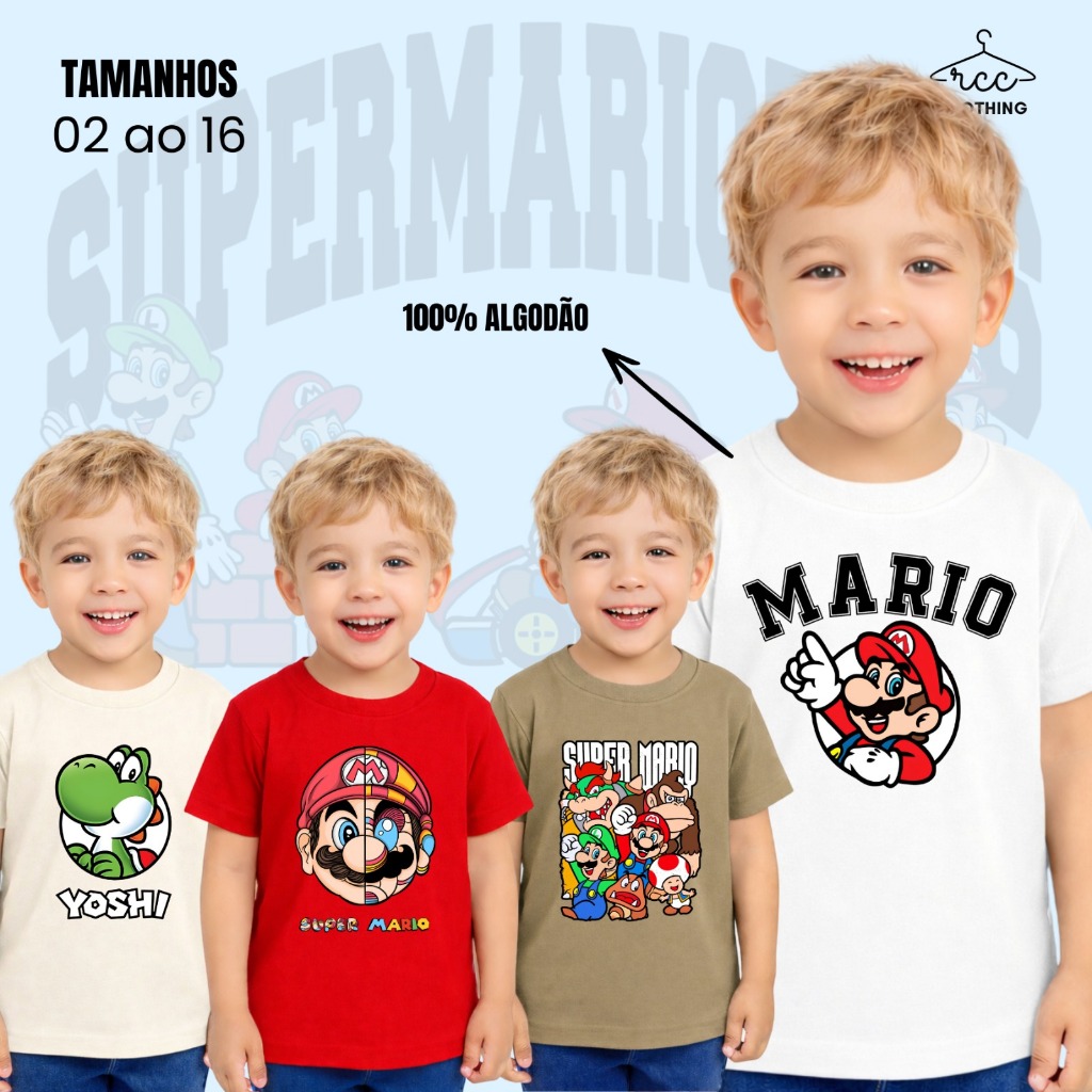 Camisa Camiseta Infantil Super Mario Bros Luidi Fantasia Personagens Meninos Homem Aranha Marvel
