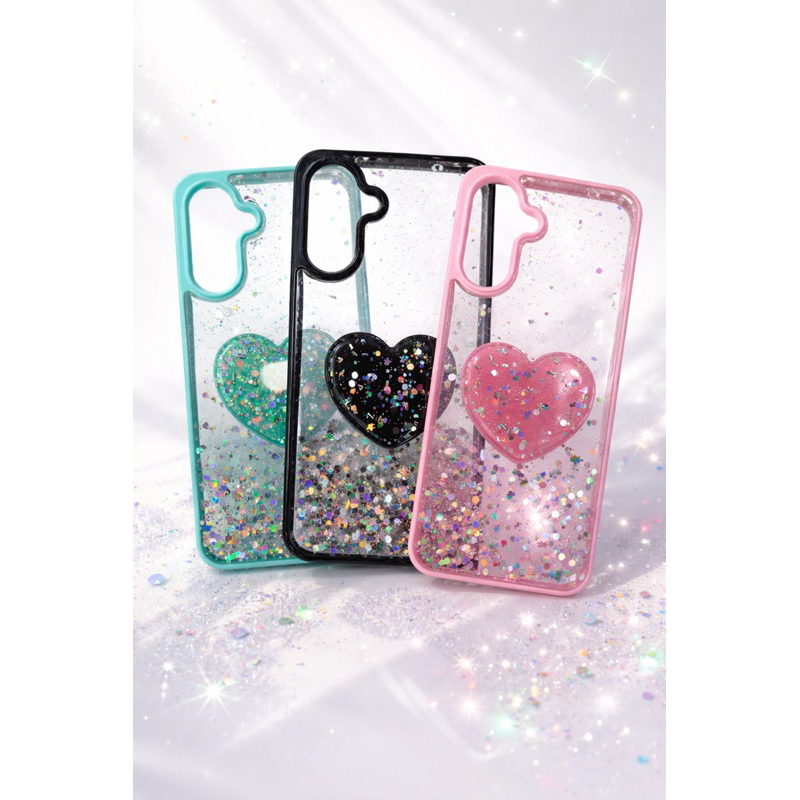 Capa Glitter Coração Premium para Galaxy A56 5G / A36 5G/ A16Transparente com Borda Colorida, Antichoque e Brilho Luxo