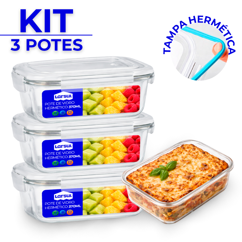 Kit 3 Potes Vidro Hermético 4 Travas Marmita Premium 370ml em Oferta na Shopee