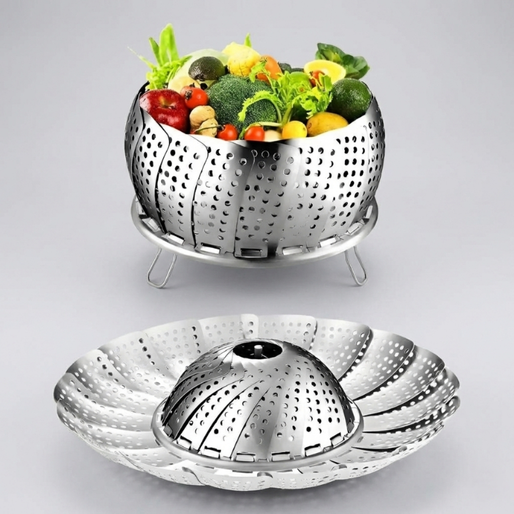 Imagem Cesto Cozimento Vapor Inox Retrátil 25cm Aço Inoxidável Abre e Fecha Universal para Panelas Médias