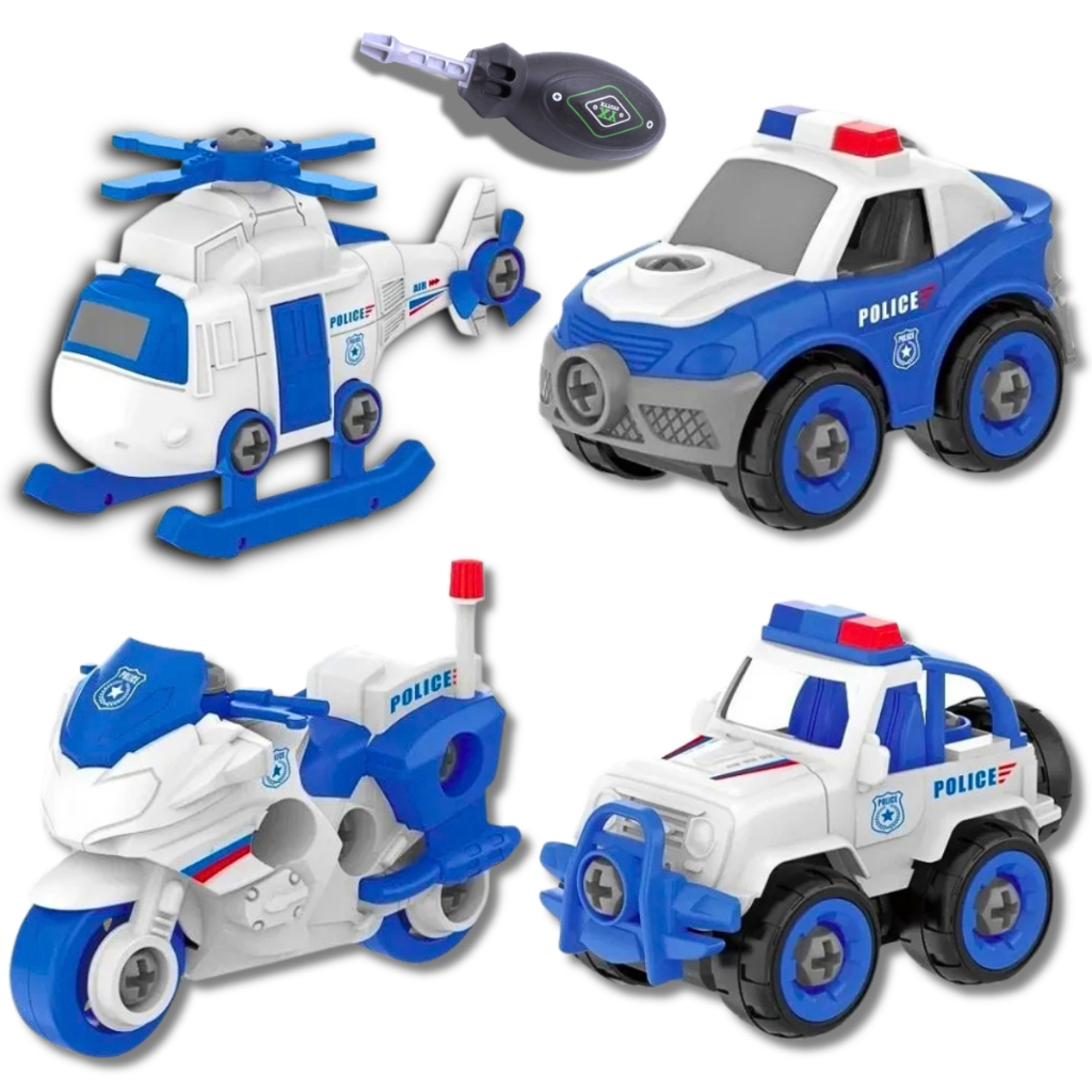 4 Carrinhos Monta Desmonta Brinquedo Educativo Infantil Construção Trator Fazenda Policia Presente