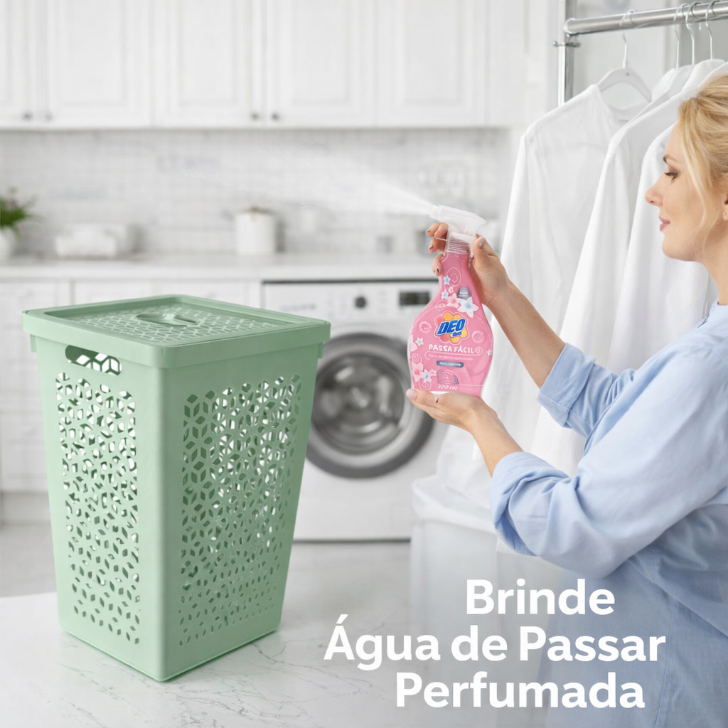 Cesto Organizador Lavanderia Roupas Sujas Limpas Com Tampa 55L Verde UZ372 UZ Utilidades + Agua de Passar Perfumada