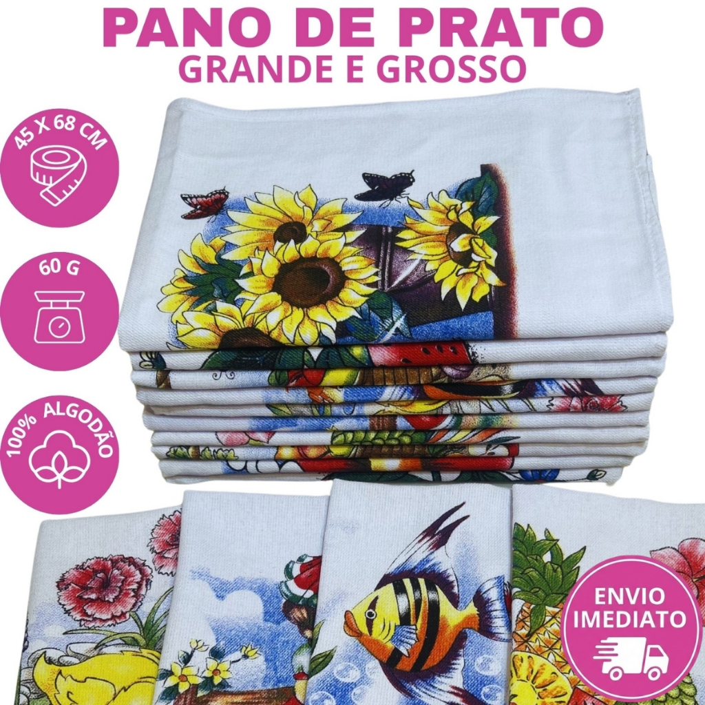 Pano de Prato 10 Un Copa Louça Grande Alta Absorção Seca Bem Cozinha Estampado Kit Premium Profissional Colorido