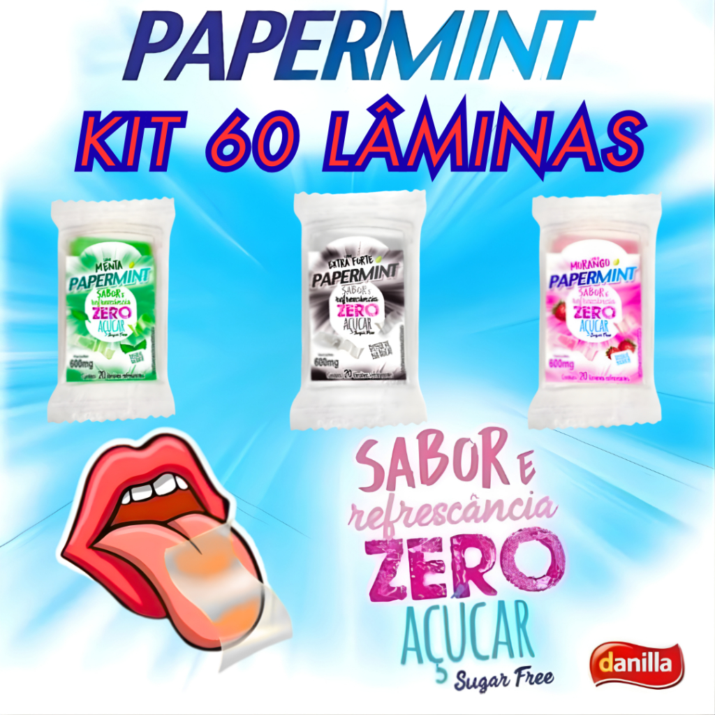 Display Kit 3 Papermint Zero Açúcar 20 Lâminas Refrescantes Comestíveis Cada Pacote / Menta, Morango e Extra Forte