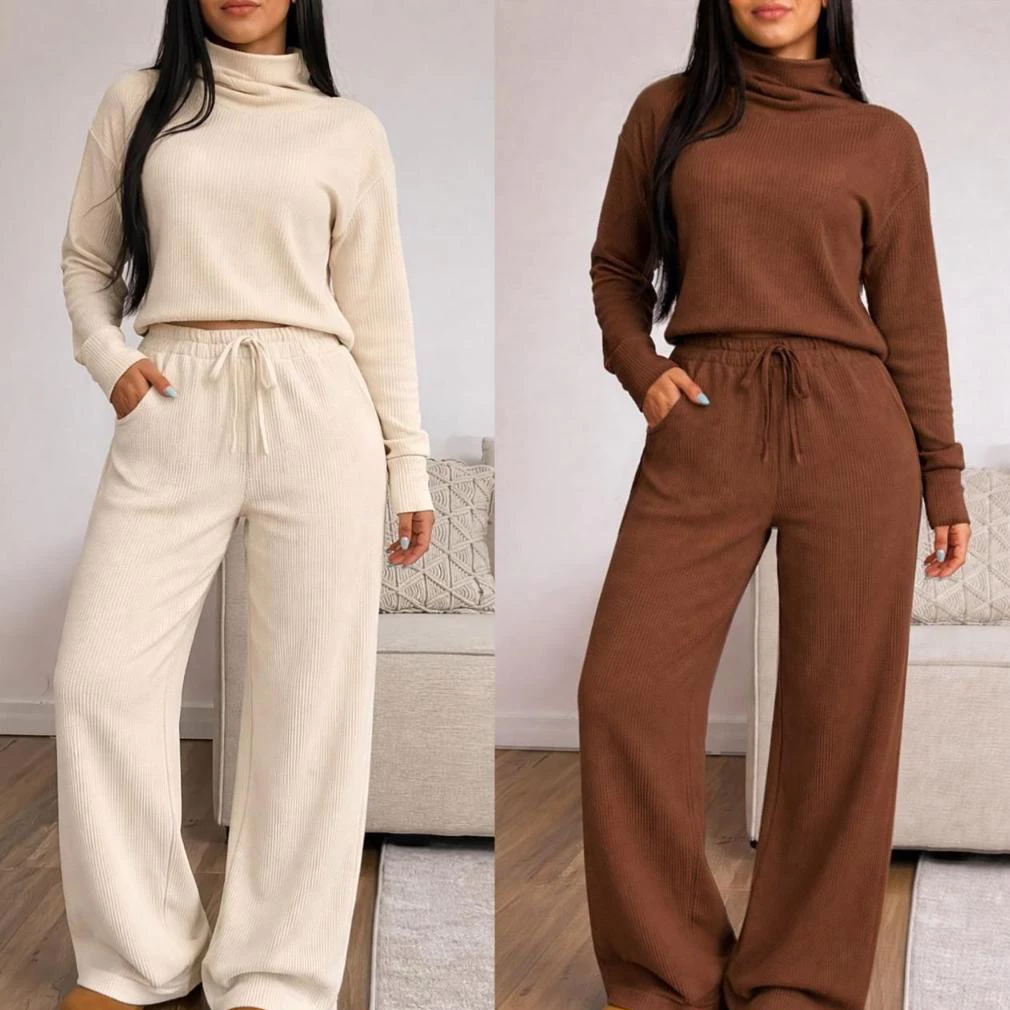 Conjunto Feminino Calça Pantalona e Blusa de Gola Alta Manga Longa Tecido Anarruga Moda Elegante — imagem 1