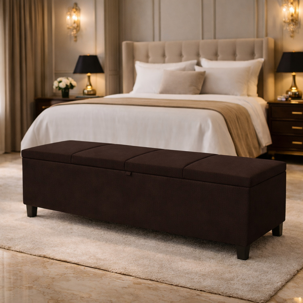 Baú Recamier Grande Listrado Banco Organizador Acento Puff Sapateira Tecido Suede 1.20cm Cama Casal
