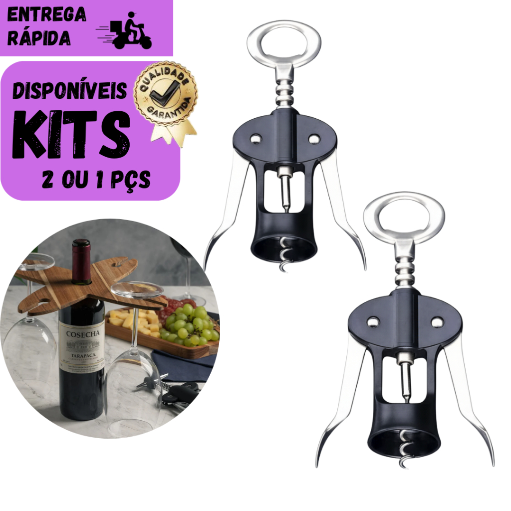 Kits 2 ou 1 Saca-Rolha com Abridor de Garrafa 2 em 1  Utensílio Prático para Vinhos e Bebidas SQ