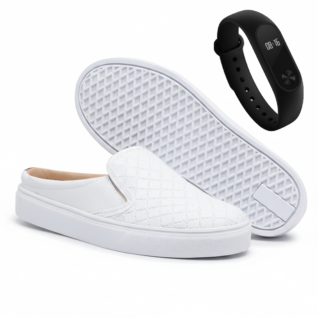 Tenis Feminino Mule Slip On Trabalho Calce Confortável Ortopedico Caminhada Branco Leve Macio Couro