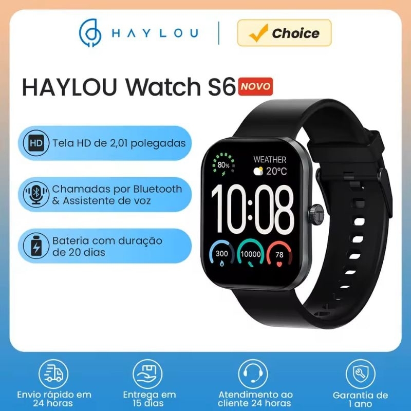 Haylou S6 Smart Watch Preto - Tela HD, Monitoramento de Saúde, Resistência a água