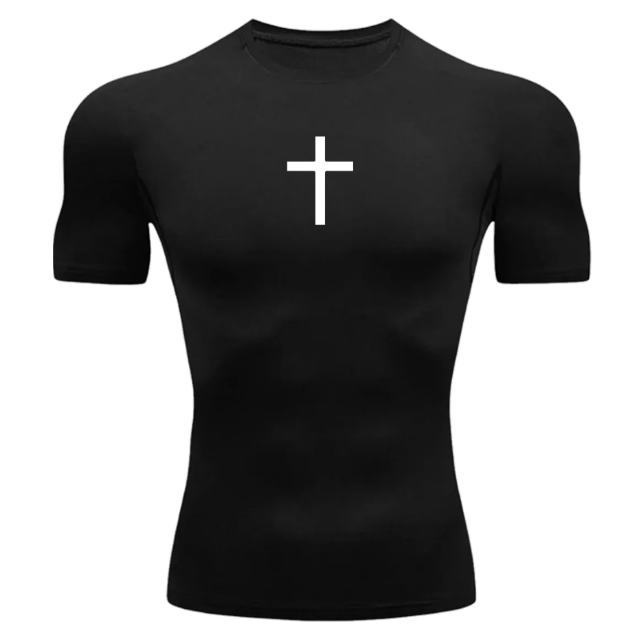 Camisa Compressao Estampa Cruz Camiseta Rash Guard Treino Academia Fitness Masculina Manga Curta