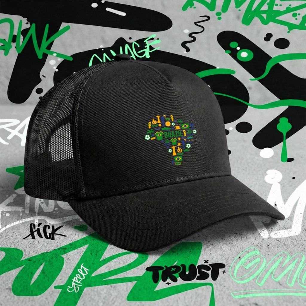 *EXCLUSIVO* Boné Trucker Telinha "Brasil País do Futebol" Aba Curva Unissex Aesthetic Copa do Mundo 2026