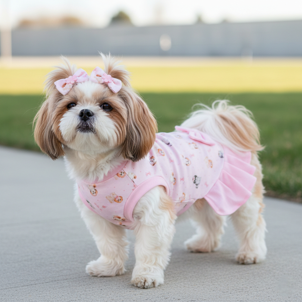 Vestido Pet Estampada com Laço Detalhe em Babado Fêmea Porte Pequeno Variedades em Estampas Luxo