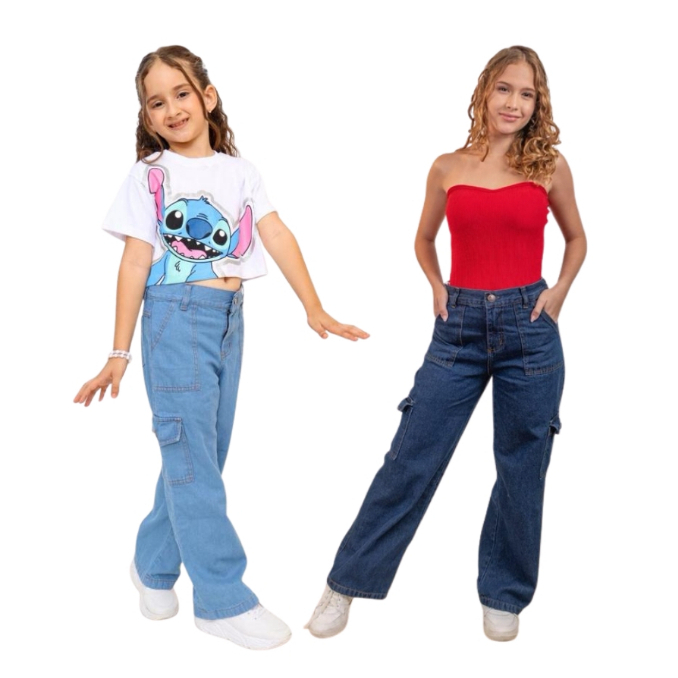 Calça Cargo Infantil e juvenil jeans feminina moda gringa bolso quadrado na frente Wide Leg cintura alta