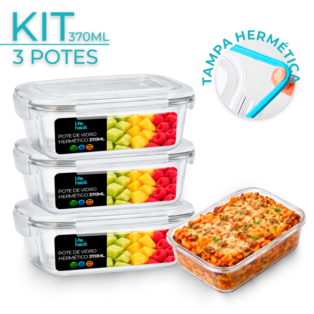 Jogo 3 Potes de Vidro Hermético Marmita Tampa 4 Travas 370ml