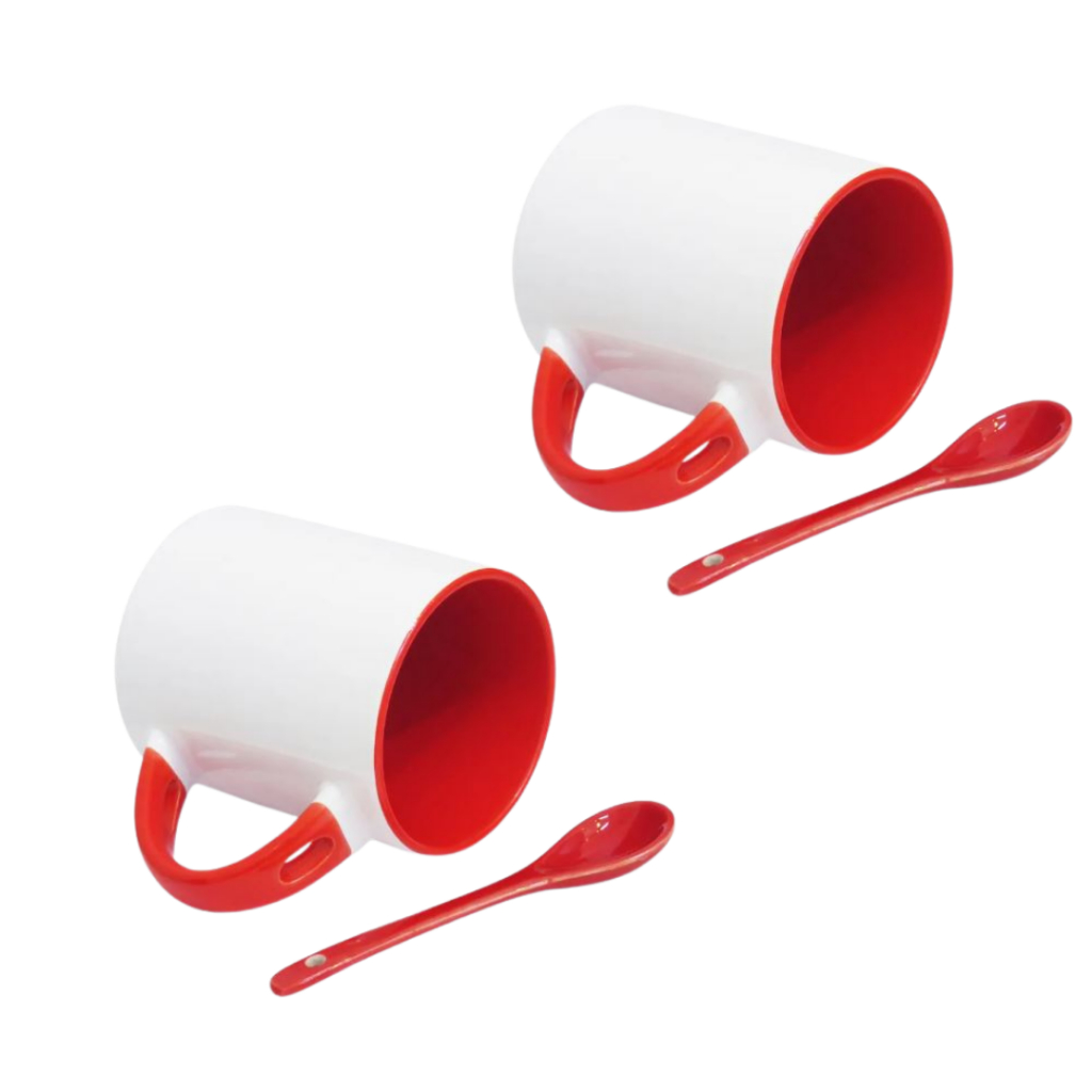 Kit 2 Caneca Reta com Colher - Cerâmica - 325 ml Resinada para Sublimação AAA