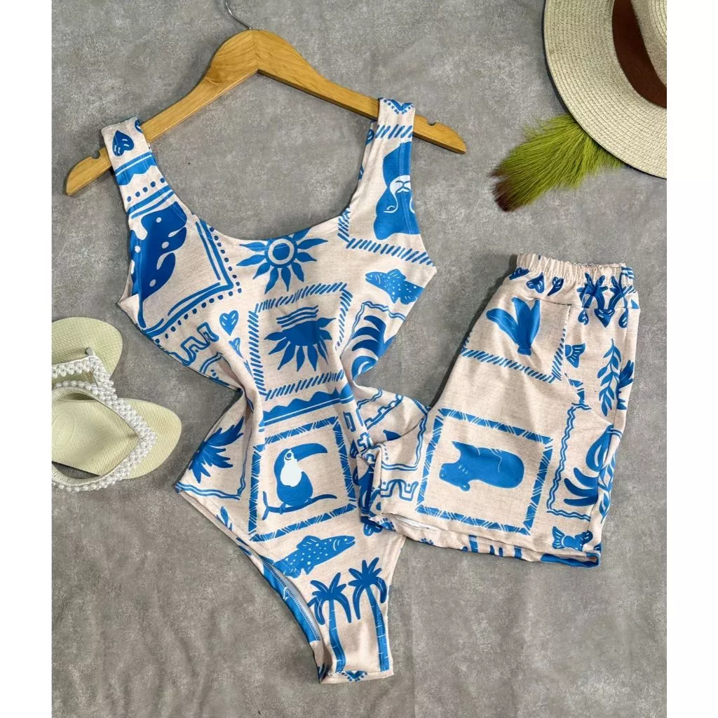 Conjunto Body Maio Suplex Feminino Estampado Short Cintura Alta Verão Tendência Moda Blogueira Bory — imagem 1