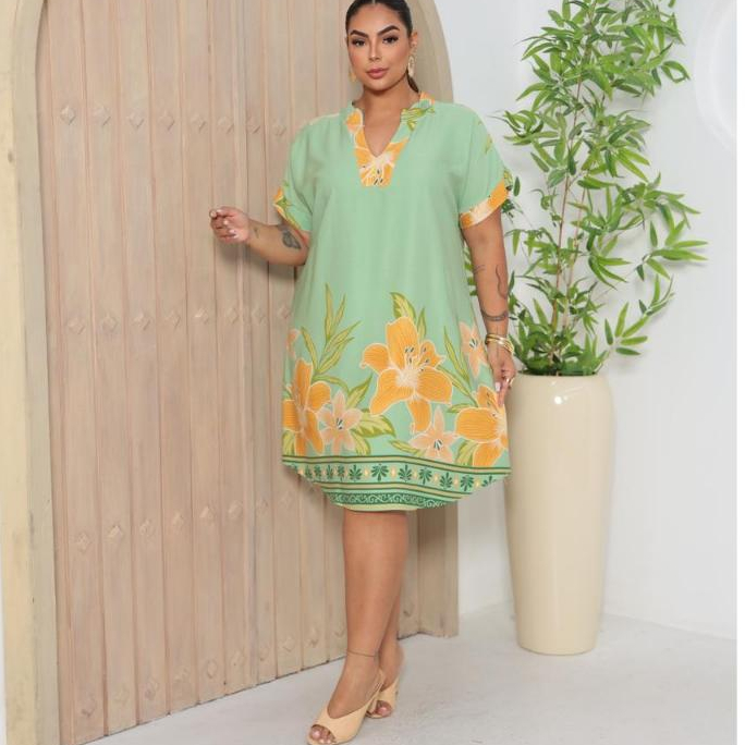 Vestido chemise Plus Size Viscolinho Estampado  /  Leve e Confortável Elegante  GG G1 em Oferta na Shopee