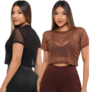KIT 2 Cropped de Tule Fitness transparente academia Crossfit corrida blusinha de tule em Oferta na Shopee