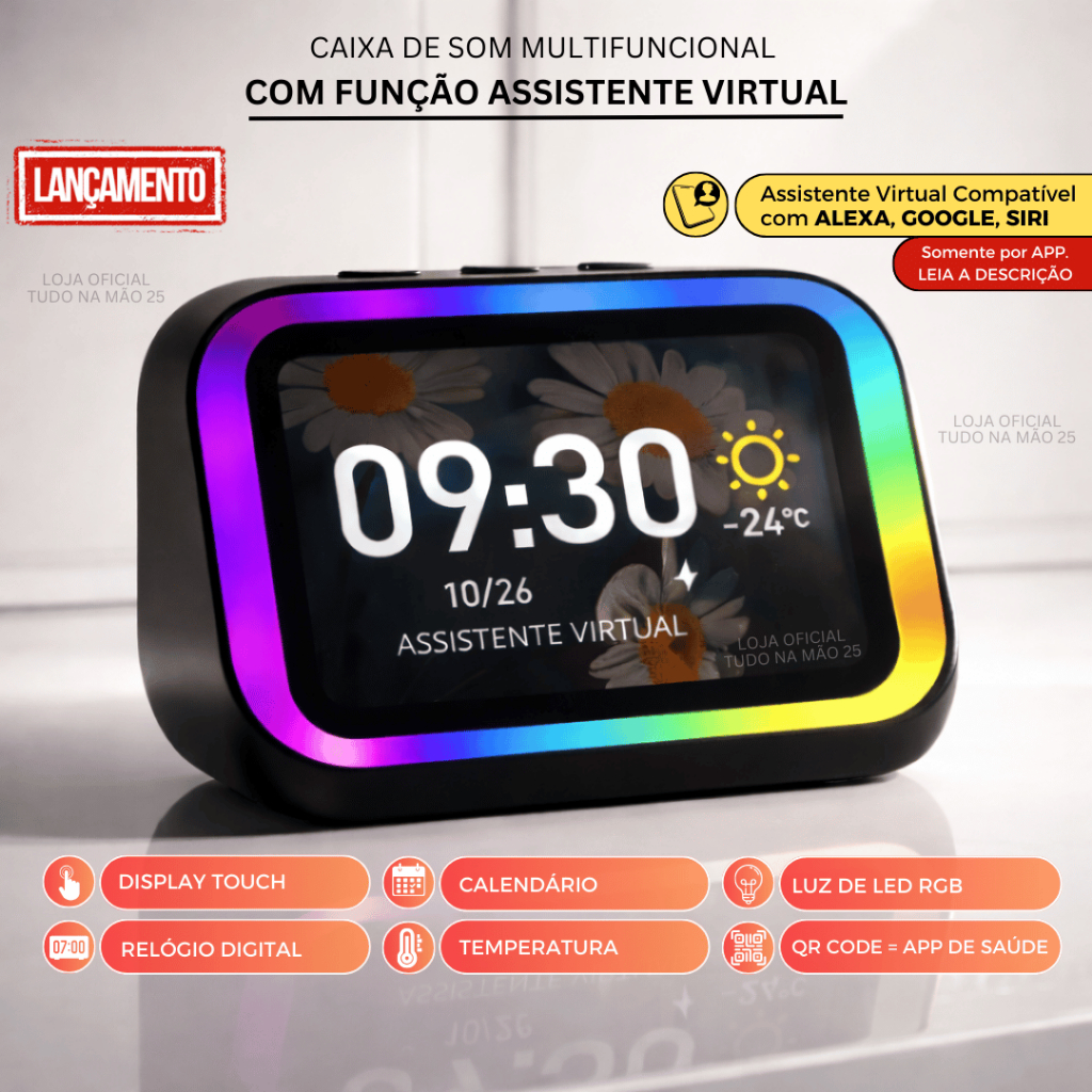[NOVIDADE] ASSISTENTE DE VOZ VIRTUAL INTELIGENTE e CAIXA DE SOM com VISOR RELÓGIO Bluetooth Portátil