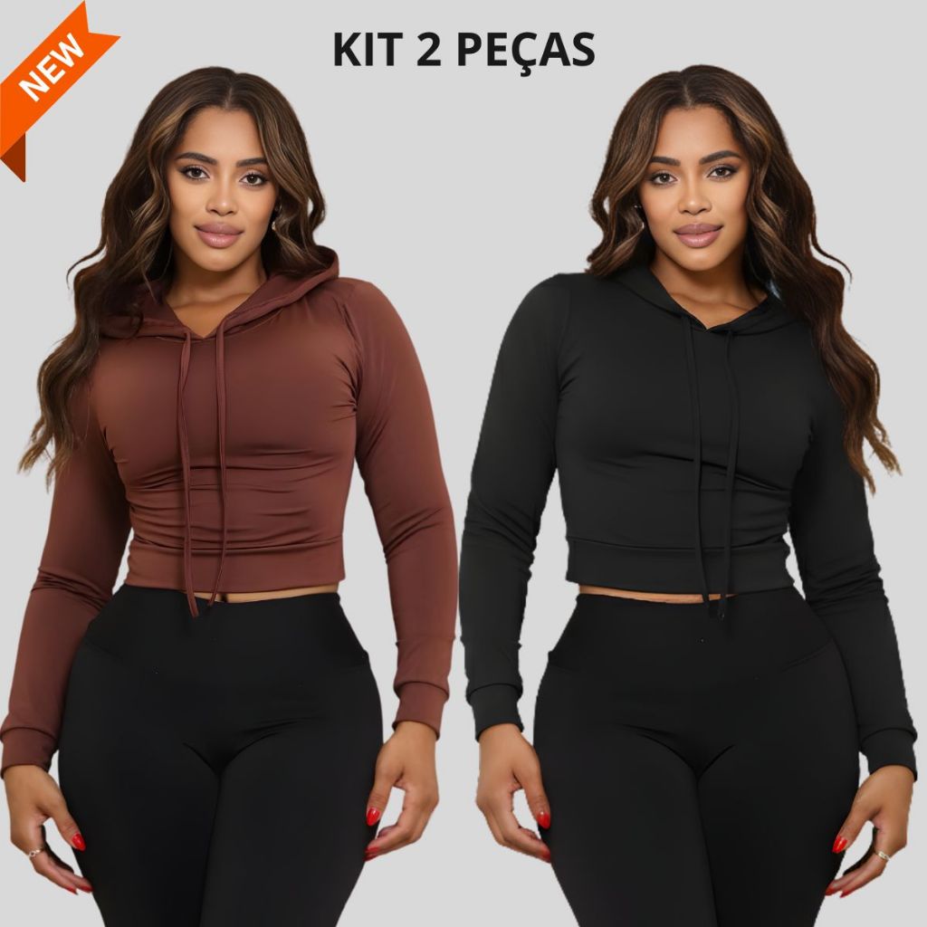 Kit 2 Croppeds Femininos com Capuz e Manga Longa Moda Inverno Confortável Look Casual em Oferta na Shopee