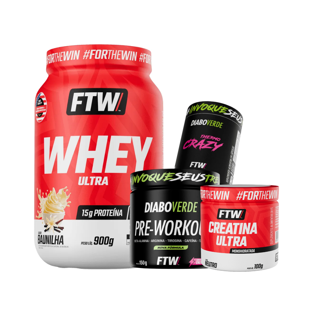 Kit Whey Ultra Pote 900g + Creatina Ultra 100g + Pré-Treino Diabo Verde Energético 150g + Termogênico #ThermoCrazy FTW
