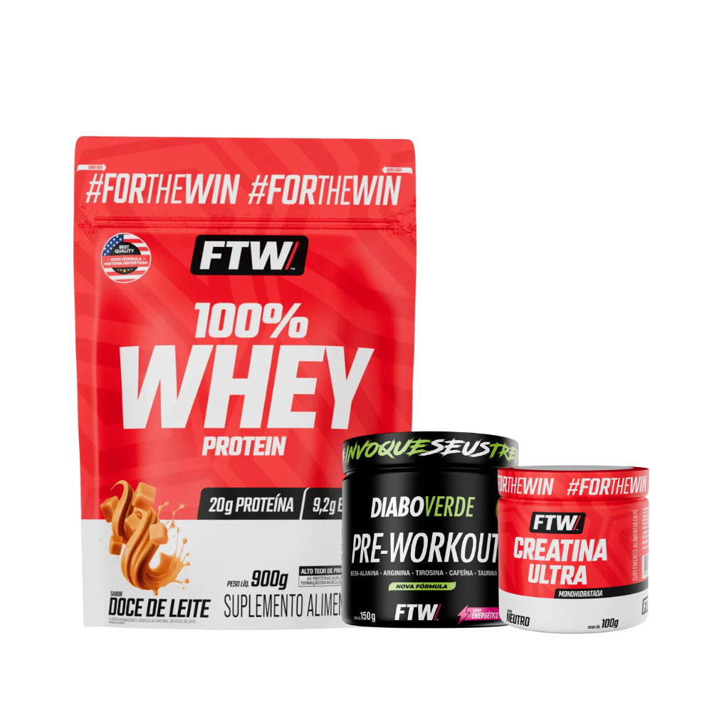 Kit Suplementos Whey 100% Refil 900g FTW + Creatina Ultra 100g + Pré-Treino Diabo Verde Energético 150g