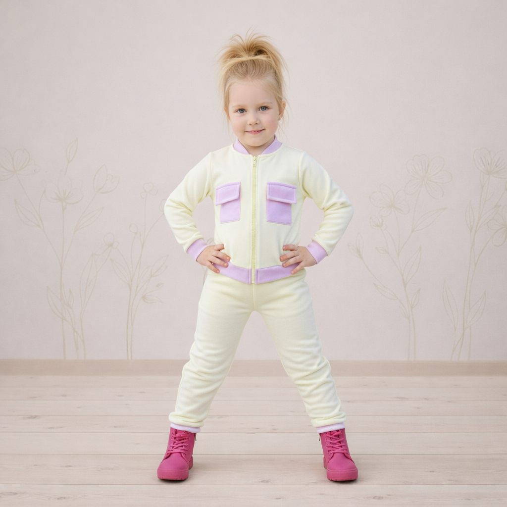 Conjunto Inverno Infantil Menina Rosa Lilás Jaqueta Zíper Bolso Frontais Calça Moletom Forrado Roupa
