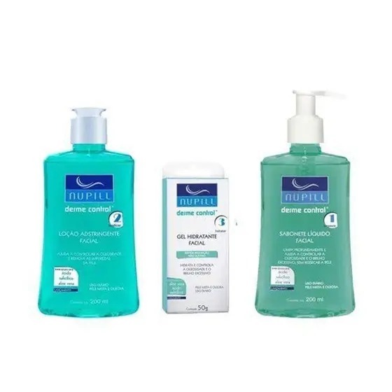 Kit Facial Nupill Sabonete 200ml + Loção Adstringente 200ml + Gel Hidratante 50g Derme Control
