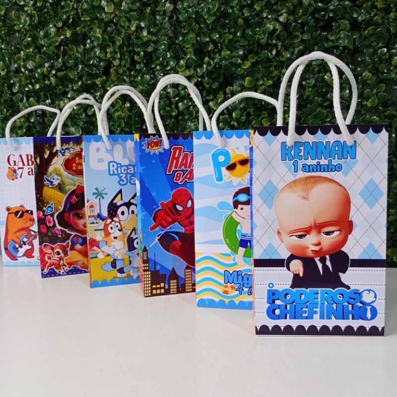 10/15/25 SACOLINHA BOLSINHA SURPRESA LEMBRANCINHA PERSONALIZADA PAPEL FESTA DE ANIVERSÁRIO TODOS OS TEMAS PEGUE E MONTE