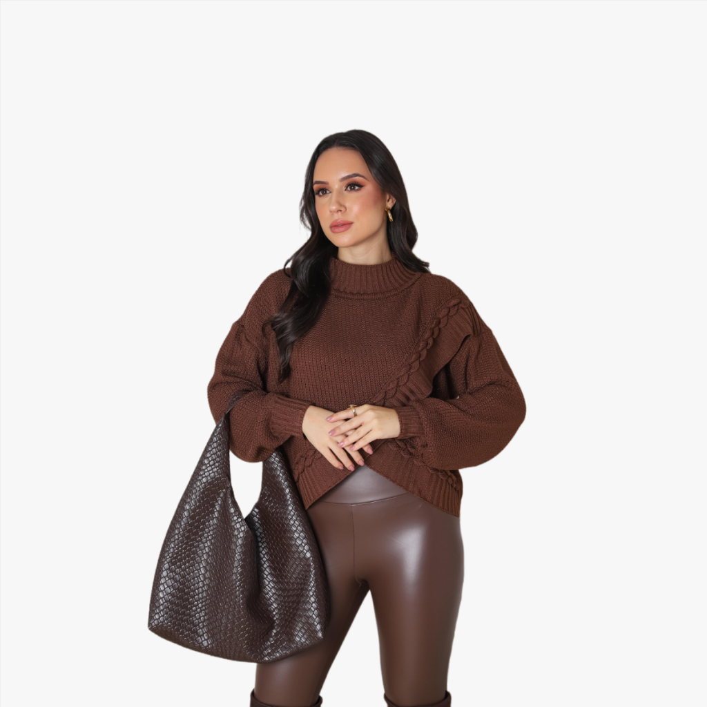 Blusa Feminina Tricot Tricô Transpassada Ampla Frente Manga Longa Com Punho Canelado Moda Inverno