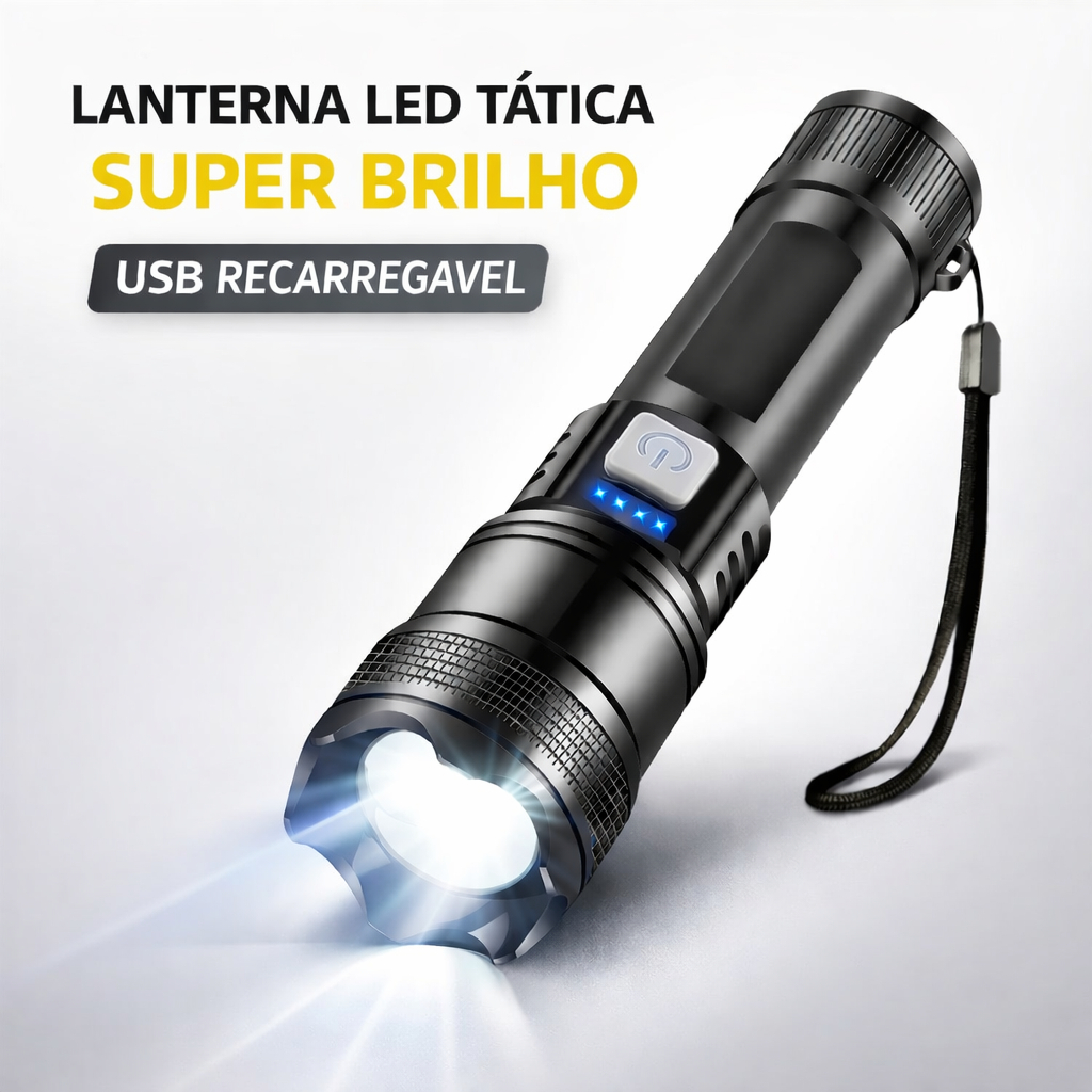 Lanterna LED T9 Tática com Zoom - Recarregável, Longo Alcance e Alta Potência
