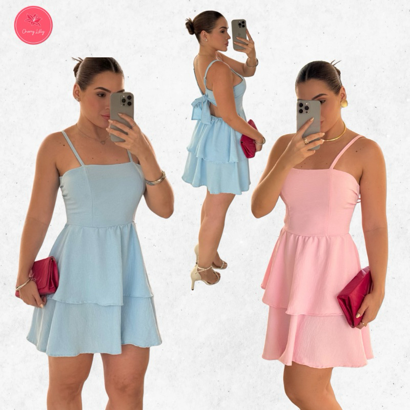 Vestido Curto Babado Camadas Alça Fina Rodado Moda Verão Romântico em Oferta na Shopee