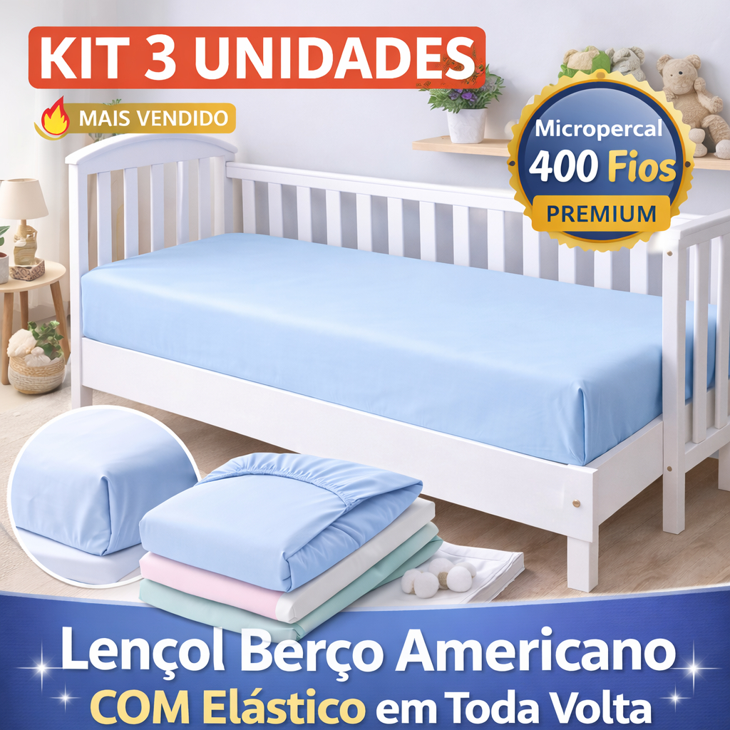 Kit 3 Lençol Berço Americano 400 Fios Micropercal Com Elástico Toda Volta em Oferta na Shopee