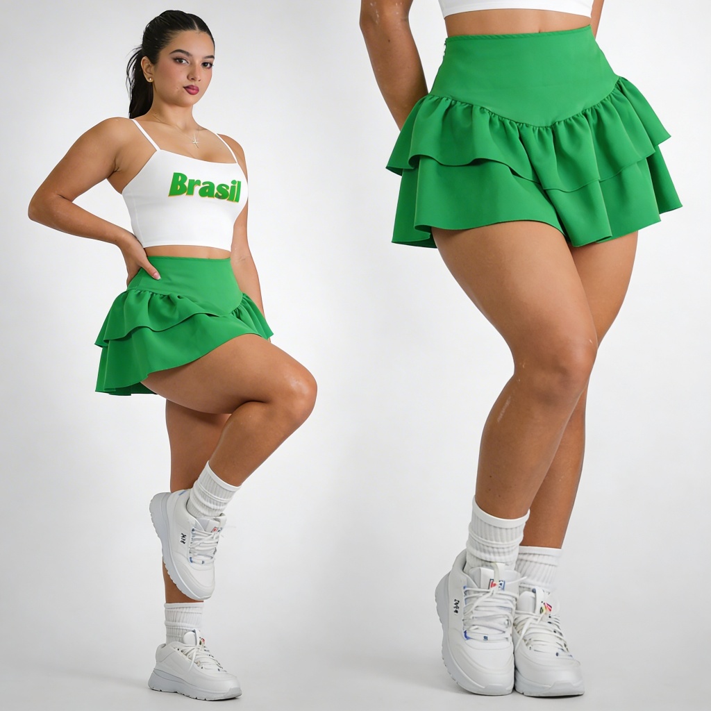 Saia cintura alta feminina alfaiataria Plissada babados em camadas empina bumbum tendencia inverno lançamento 2026 Copa