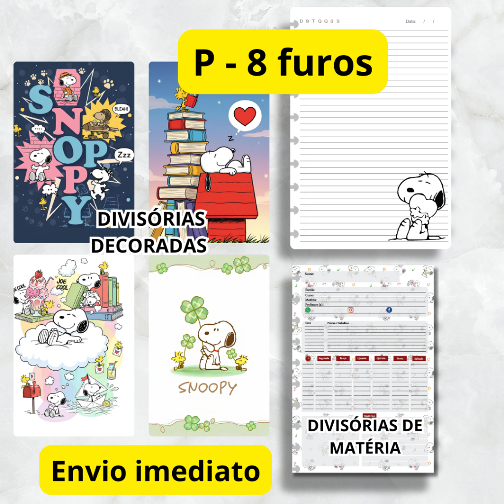 REFIL 100 FOLHAS PARA CADERNO DE DISCO SNOOPY (P - 8 FUROS) E KIT DIVISÓRIA