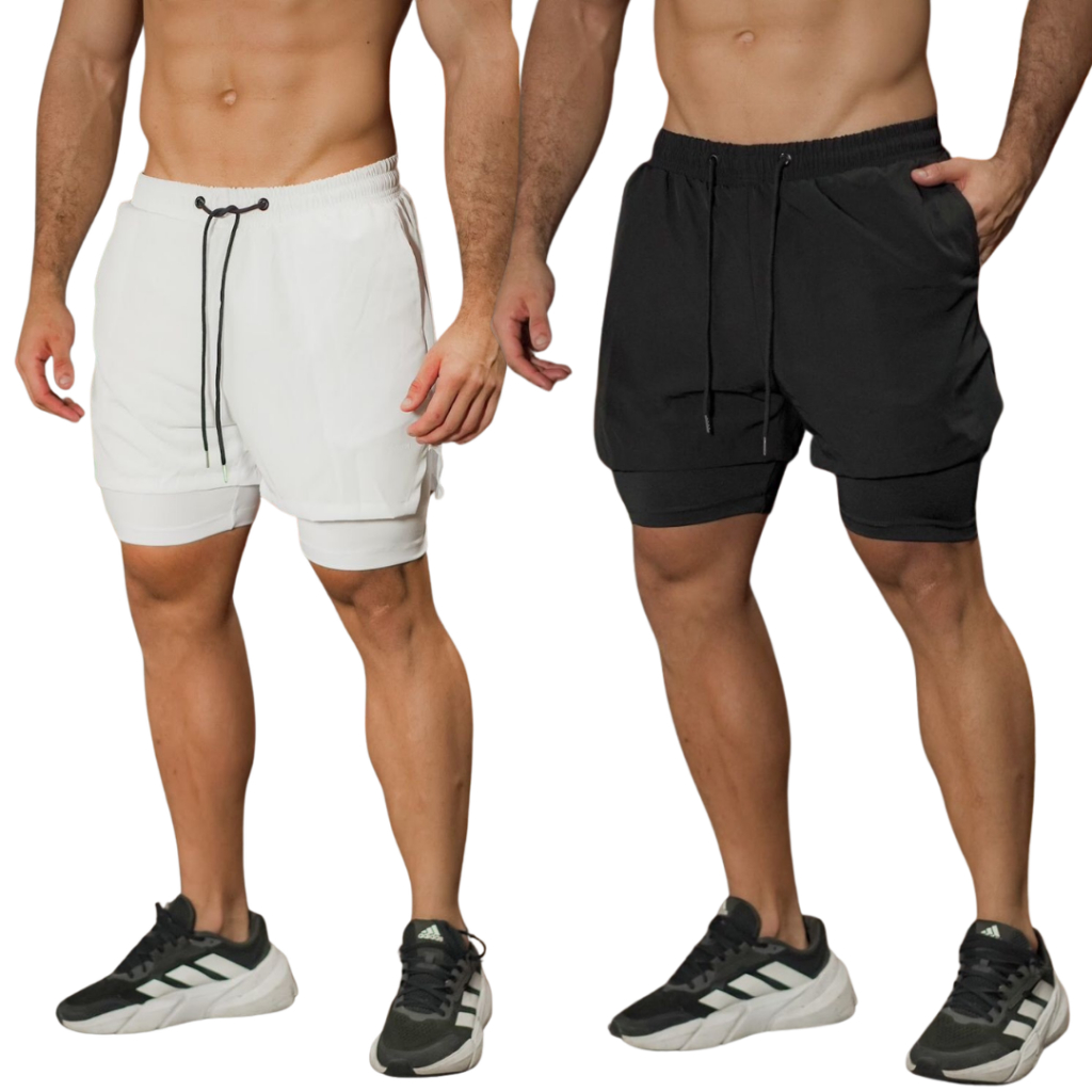Kit com 2 Shorts 2 em 1 Bermuda Compressão Masculino Dry Fit Elastano Academia Treino Corrida