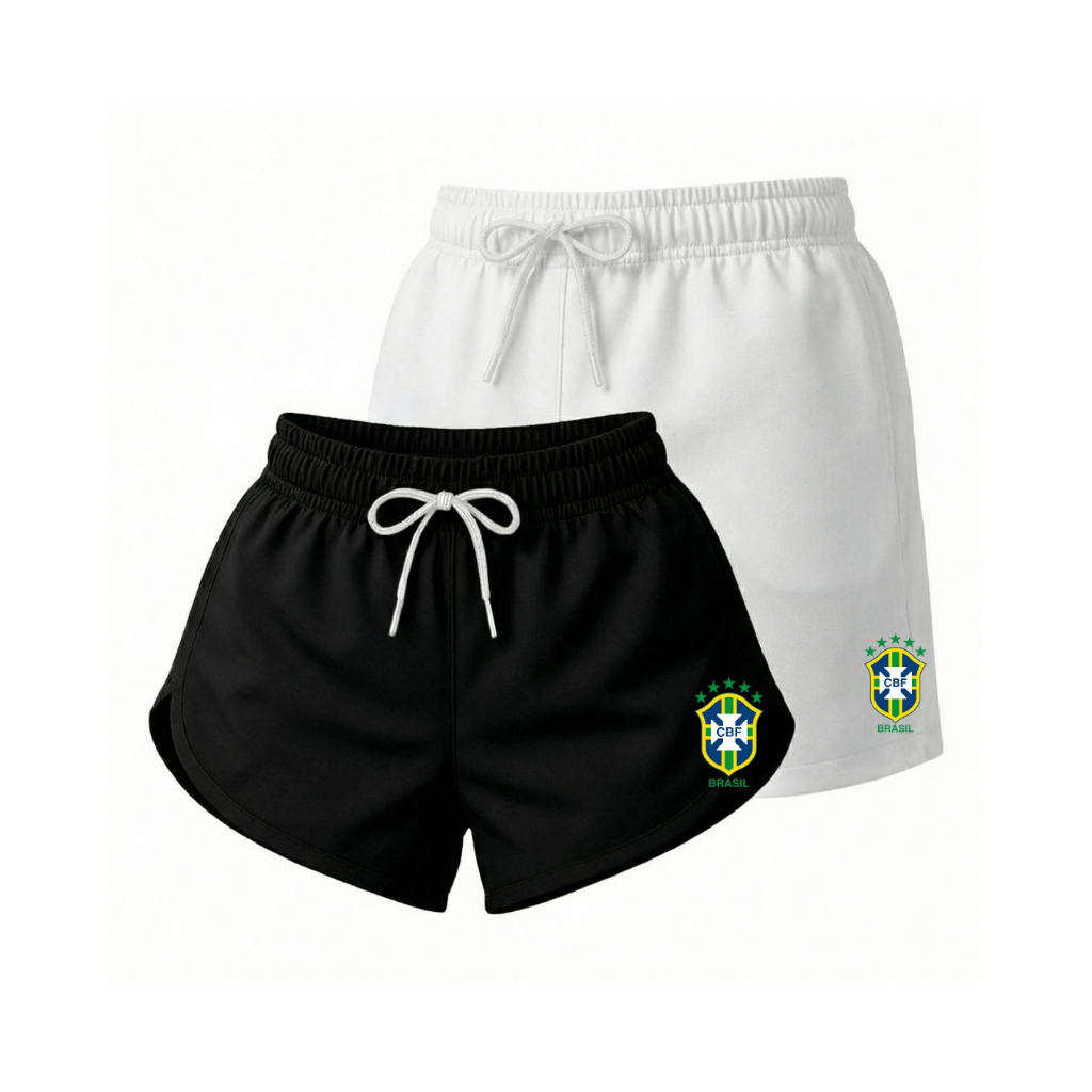 Kit Conjunto Short Casal Brasil Bermuda Mauricinho Moda Praia Verão Academia Treino Esporte Corrida Feminino E Masculino