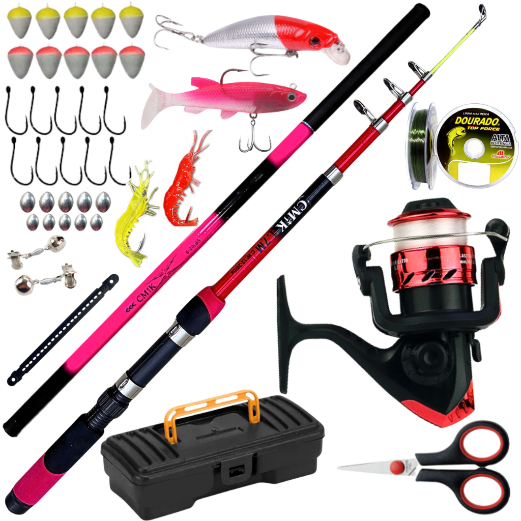 Molinete com Vara de Pesca Telescopica Vara de Mão 2,70 Isca Artificial Linha 0,30mm Sambura Anzol