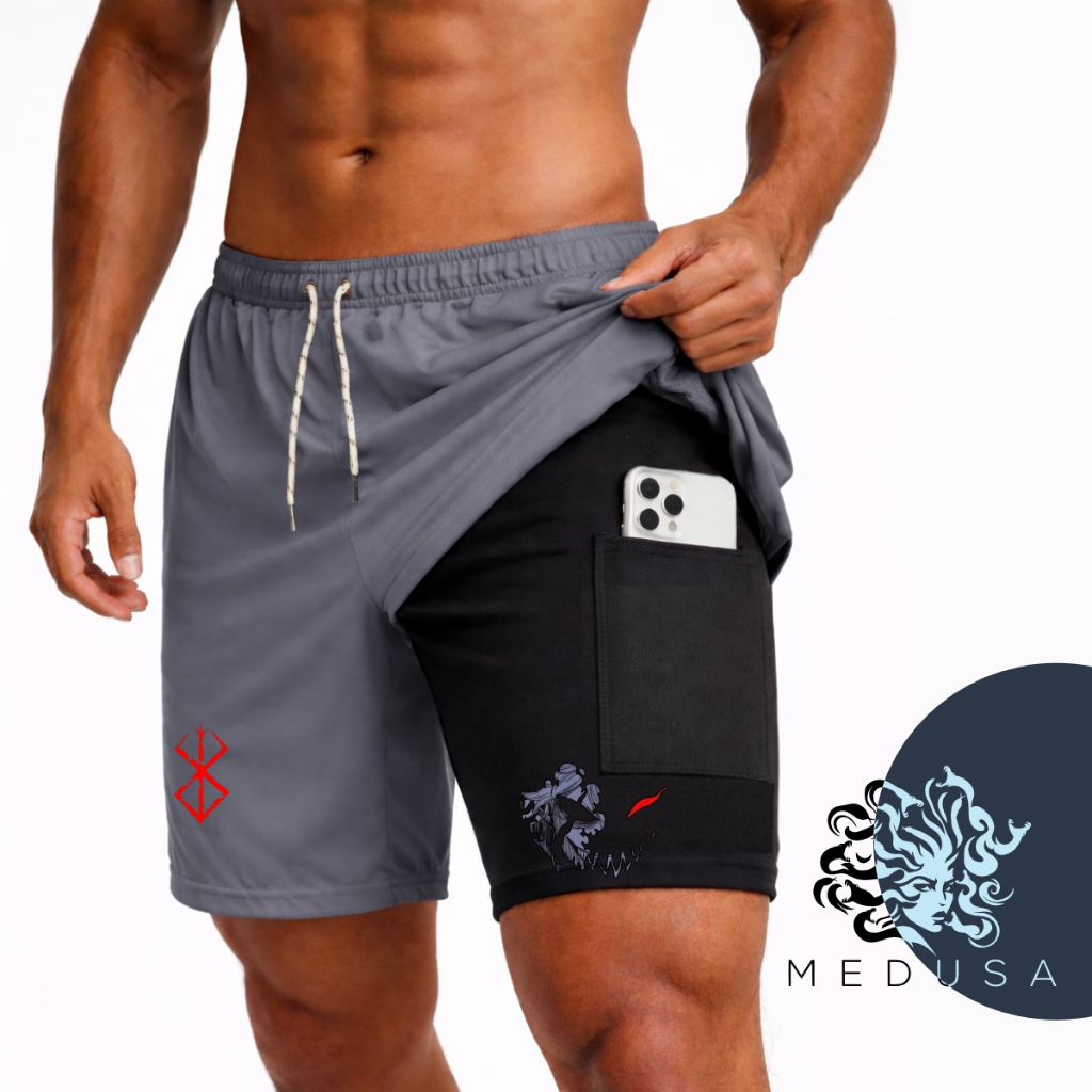 Bermuda Compressão 2 em 1BRSK GOD Masculina Dry Fit com Elastano Leve para Academia Corrida Bike