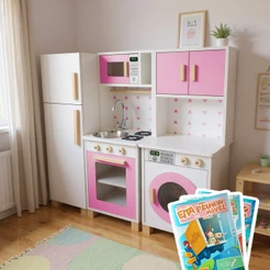 Mini Cozinha Infantil Geladeira Máquina de Lavar Madeira Faz de Conta Brinquedo Pedagógico Kit Livro