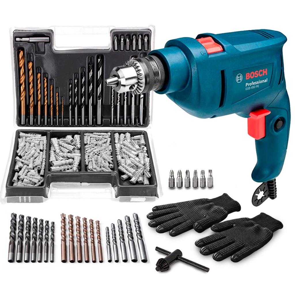 Furadeira De Impacto GSB 450 RE STD Bosch 450w + Kit Maleta Com 300 Pçs E Acessórios em Oferta na Shopee
