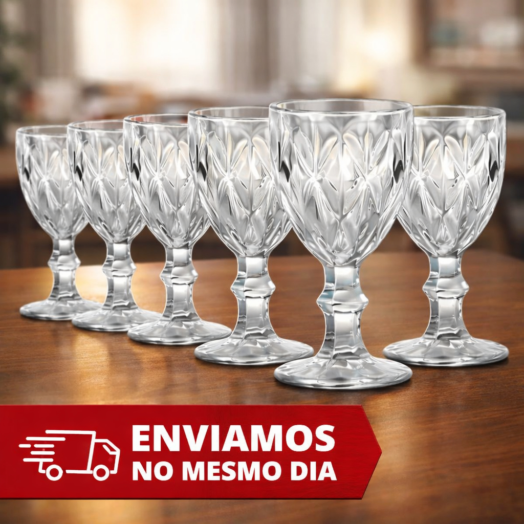 Kit 6 Taças de Vidro Transparente Diamante 330ML Suco Vinho Agua Envio Imediato Promoção em Oferta na Shopee