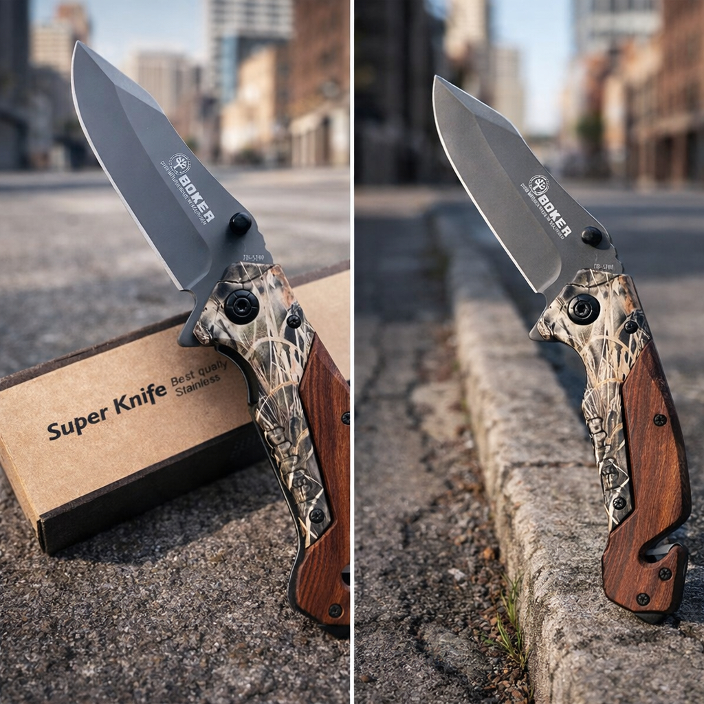"Canivete Boker TB1769 Semi Automático Drop Point Cabo Madeira Camuflado Clip Quebra Vidros EDC 20,5cm"