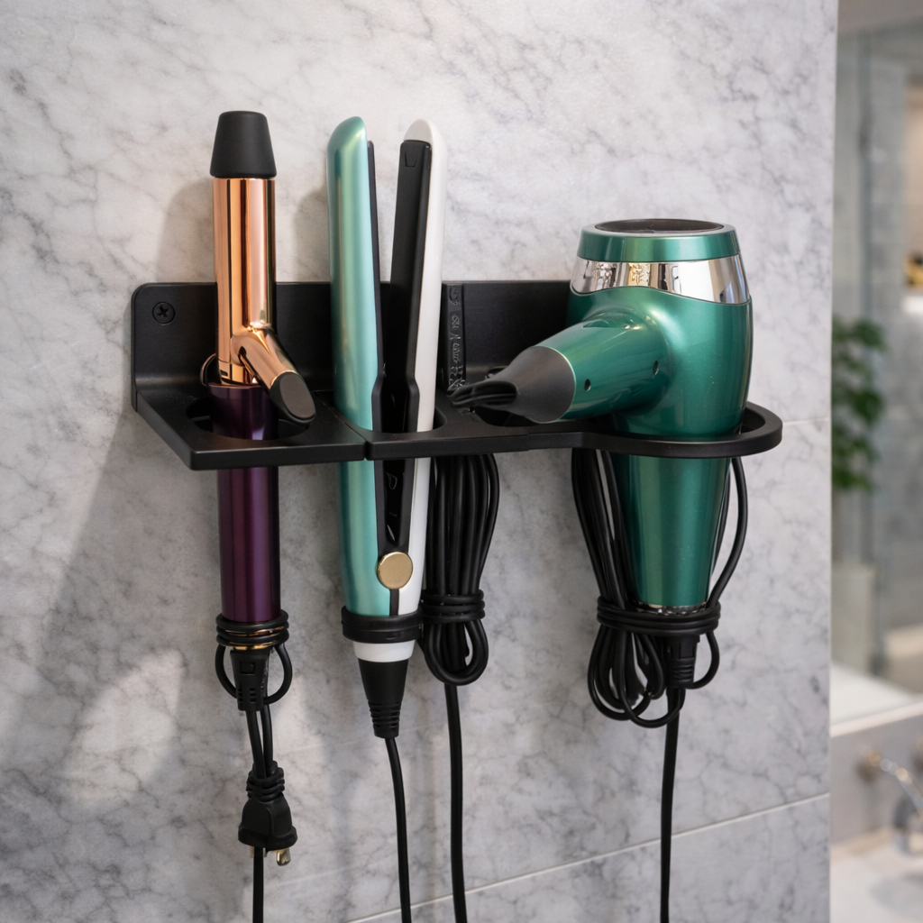 Suporte De Parede 3 em 1 Secador Chapinha Babyliss Organizador Banheiro Quarto Ultra Resistente Com Parafusos
