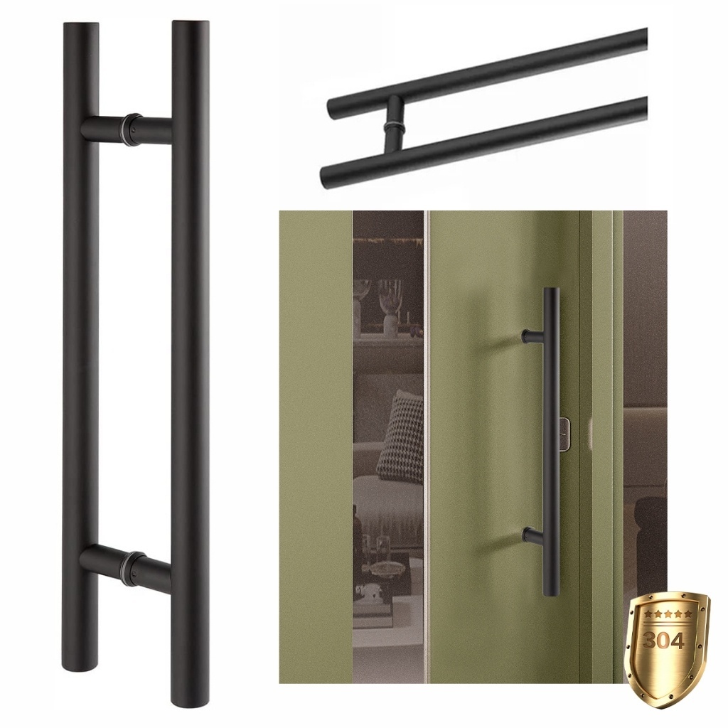 Puxador 60cm Preto Fosco Aço Inox 304 Yesop Porta Pivotante Madeira Vidro e Portão Área Externa Redondo Duplo Reforçado