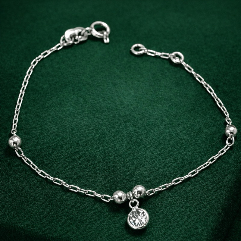 Pulseira Infantil Bolinha e Pedra Transparente em Prata 925 Delicada e Confortável em Oferta na Shopee