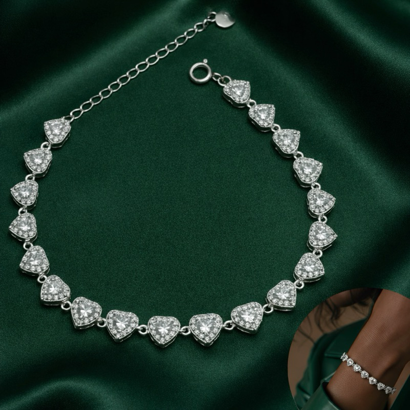 Pulseira Corações Cravejados em Prata 925 Joia Feminina Delicada e Brilhante