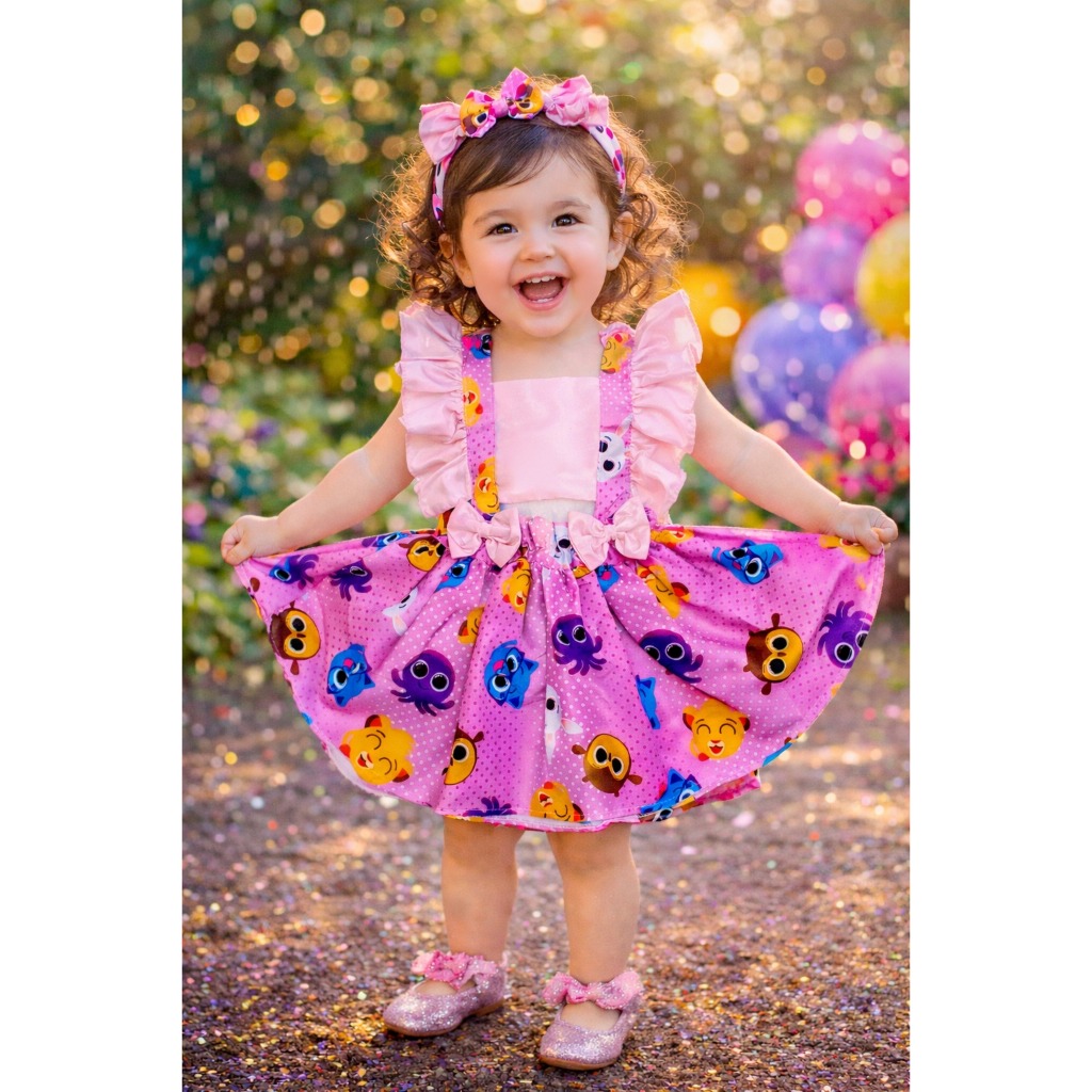 Romper Saia Bolofofo (1 a 3 anos)  Rosa com Rosa Claro Estampado Bolinhas Aniversário Pow Vestido Festa