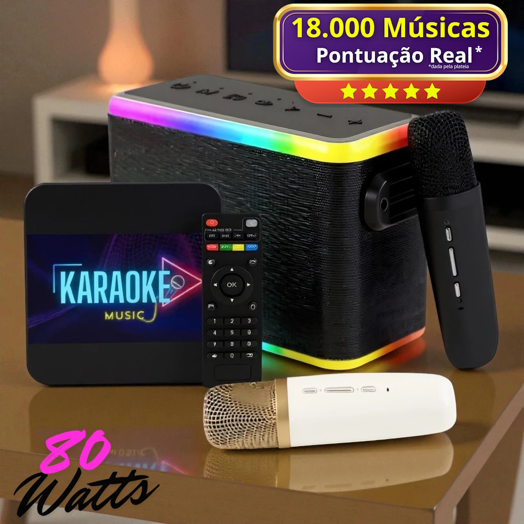 Aparelho Karaokê Box com 18.000 músicas Pontuação Real + Caixa de Som 80W + 2 Microfones S/Fio