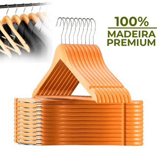 Kit 6/12/21 Cabides De Madeira Premium Marfim Para Roupas Calça Gancho Cromado em Oferta na Shopee